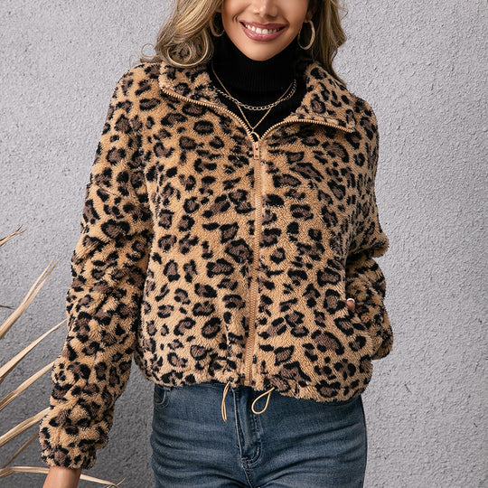 Damen Fleecejacke mit Leoparddruck und seitlichen Taschen Heidi-Mode