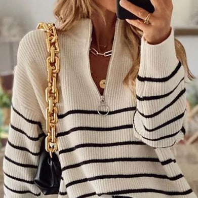 Damen Strickpullover mit halbem Reißverschluss und Streifenmuster Heidi-Mode