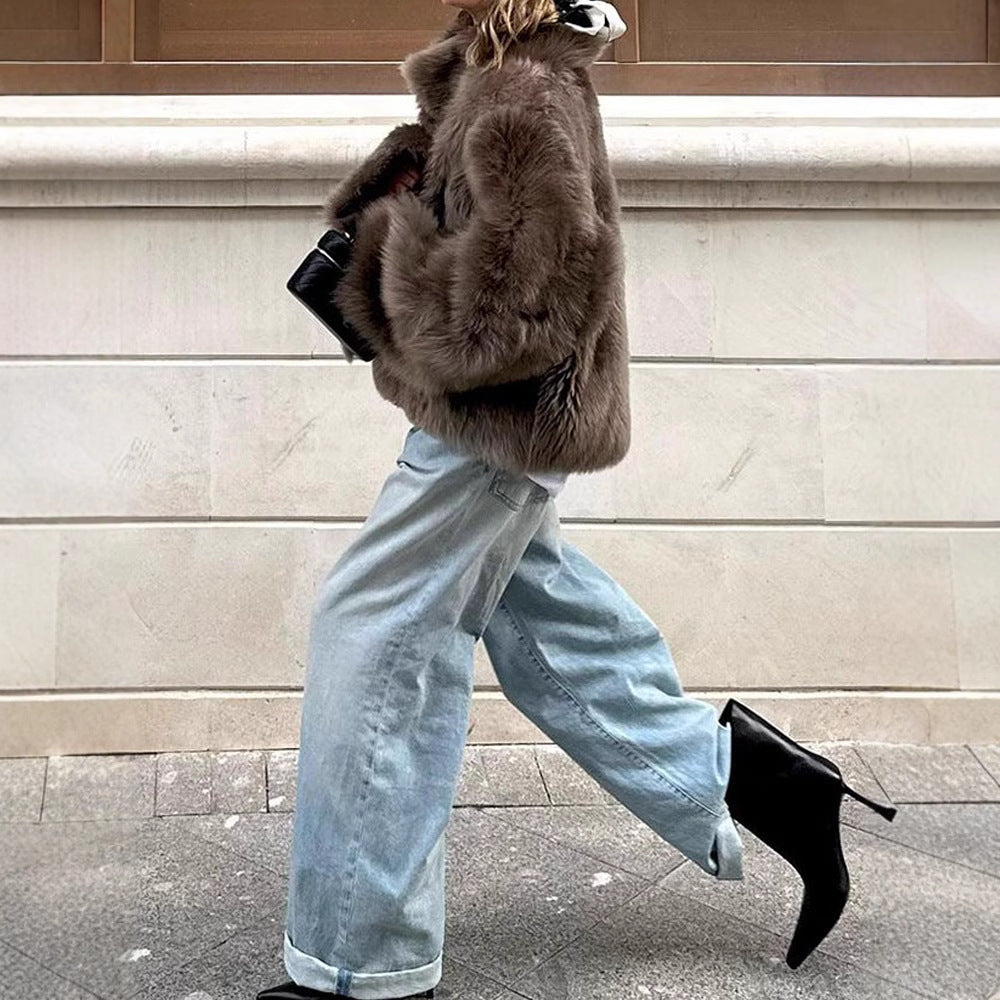 Damen Pelzjacke im modernen Oversize-Stil mit gemütlichem Kragen Heidi-Mode