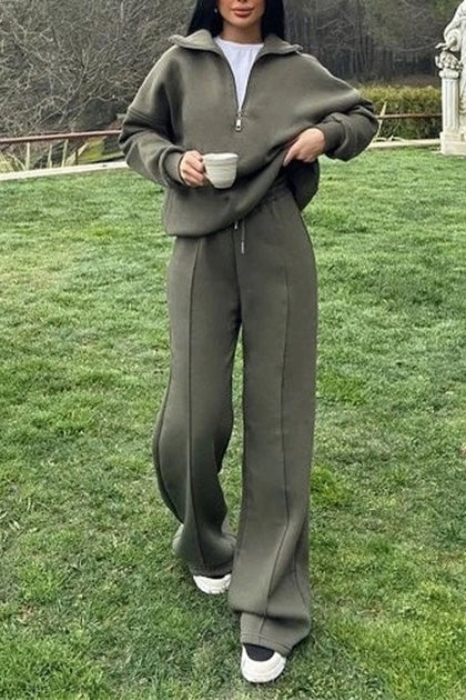 Heidi-Mode | Vibes Halb Offenes Pullover Sweatshirt und Hose Zwei Teiliges Satz