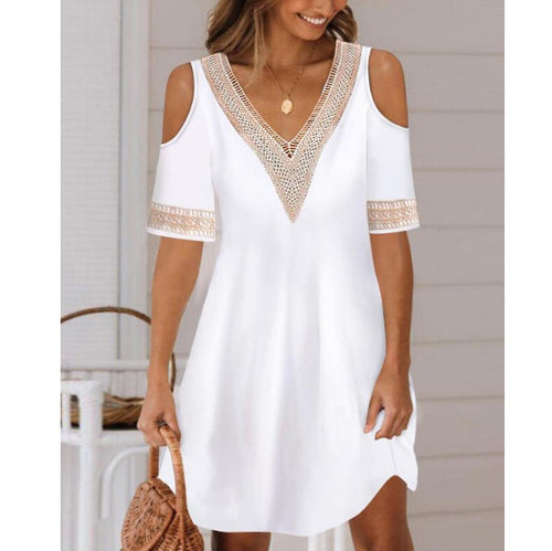 Damen Kleid mit Cut-Out-Ärmeln und dekorativem Spitzenbesatz Heidi-Mode