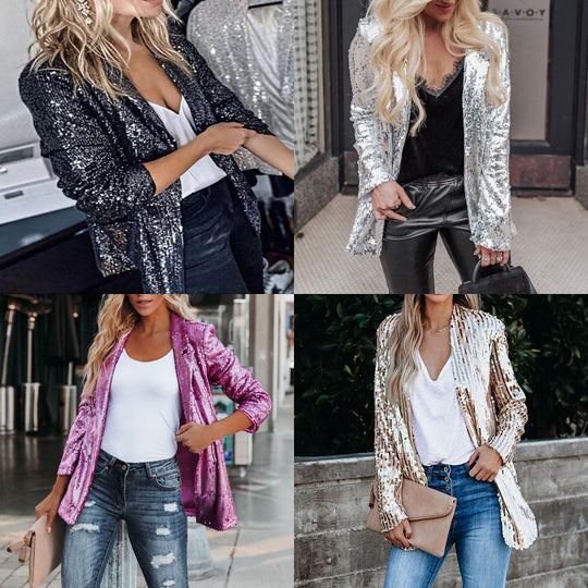 Damen Glamouröse Blazerjacke mit Paillettenbesatz und langem Arm Heidi-Mode
