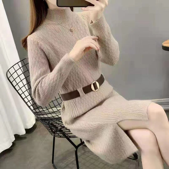 Damen Strickkleid mit hohen Kragen und Taillengürtel Heidi-Mode