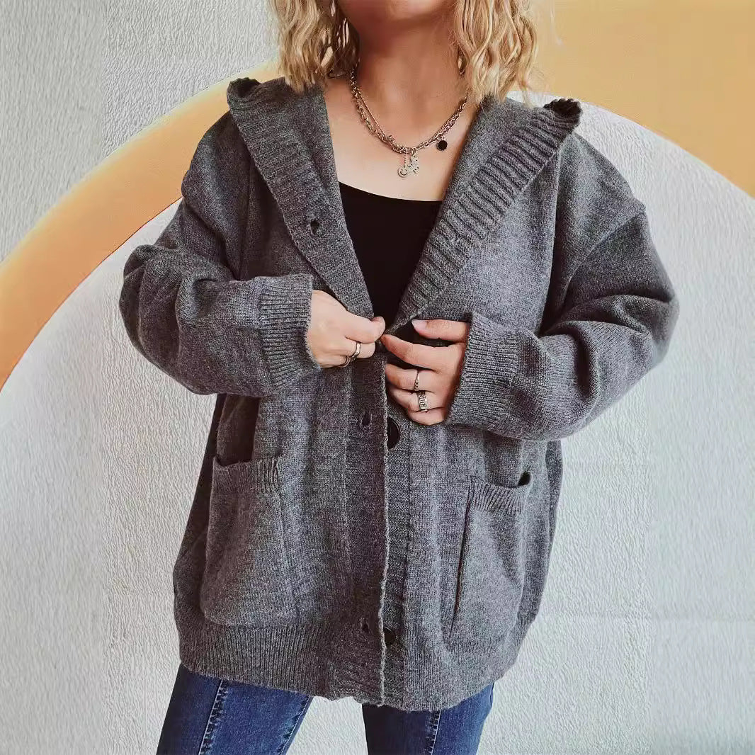 Damen bequeme Strickjacke mit Kapuze und praktischen Taschen Heidi-Mode