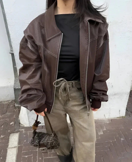 Damen Elegante Kunstlederjacke mit hochstehendem Kragen und elastischen Bündchen Heidi-Mode