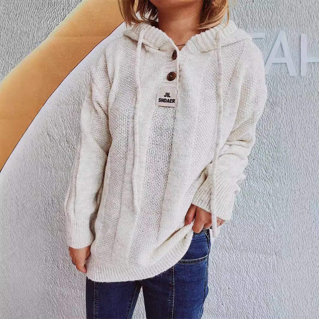 Damen lockerer Strickpullover mit Kapuze und dekorativen Knöpfen Heidi-Mode