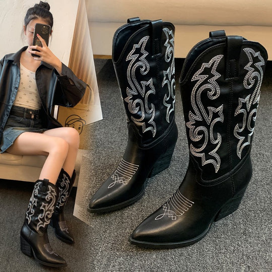 Damen Cowboy-Stiefel mit eleganter Stickerei und modernem Wedge-Design Heidi-Mode