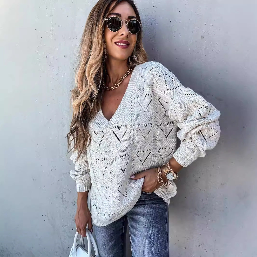 Damen Pullover mit Herz-Ausschnitten und lässigem V-Ausschnitt Heidi-Mode