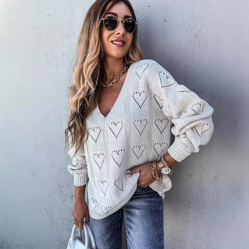Damen Pullover mit Herz-Ausschnitten und lässigem V-Ausschnitt Heidi-Mode