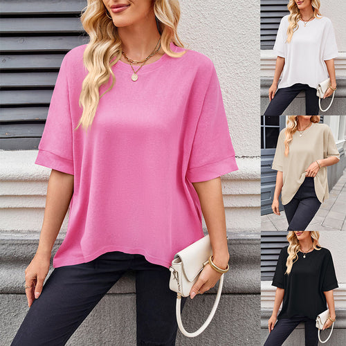 Damen lässiges Oversized T-Shirt mit seitlichen Schlitzen und umgeschlagenen Ärmeln Heidi-Mode