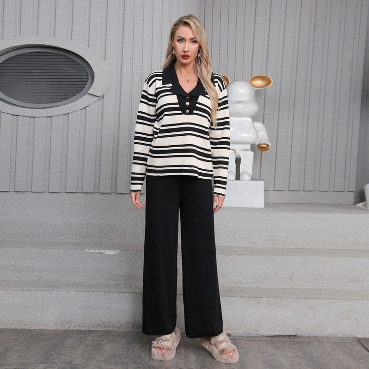 Damen elegantes Strick-Loungewear-Set mit einem modischen Kragen und weit geschnittenen Hosen Heidi-Mode