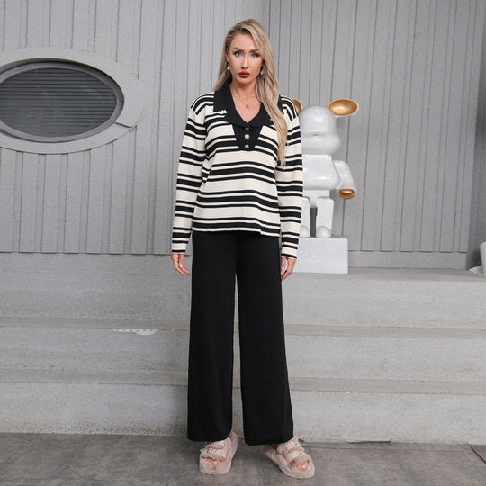 Damen elegantes Strick-Loungewear-Set mit einem modischen Kragen und weit geschnittenen Hosen Heidi-Mode