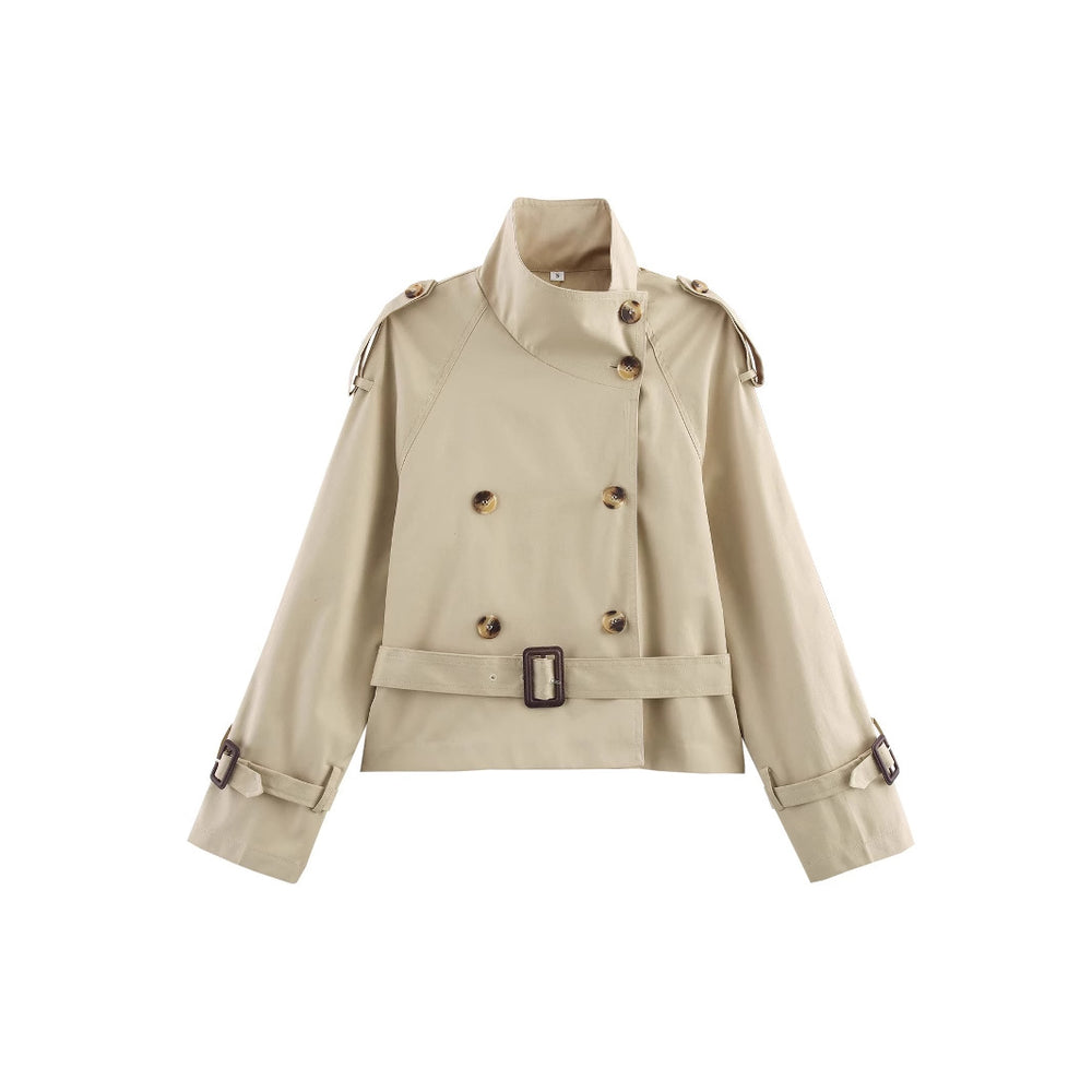Damen modischer Trenchcoat mit hoch geschlossenem Kragen und praktischen Schulterriegeln Heidi-Mode