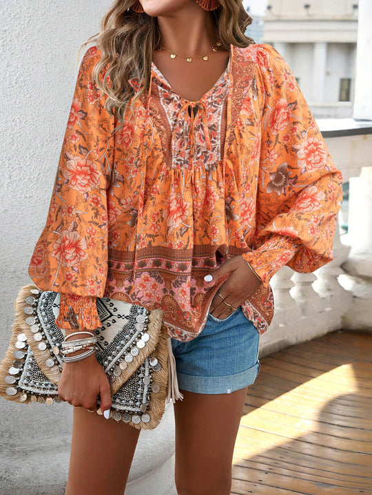 Damen Boho-Bluse mit Schleifenverzierung und floralen Mustern Heidi-Mode