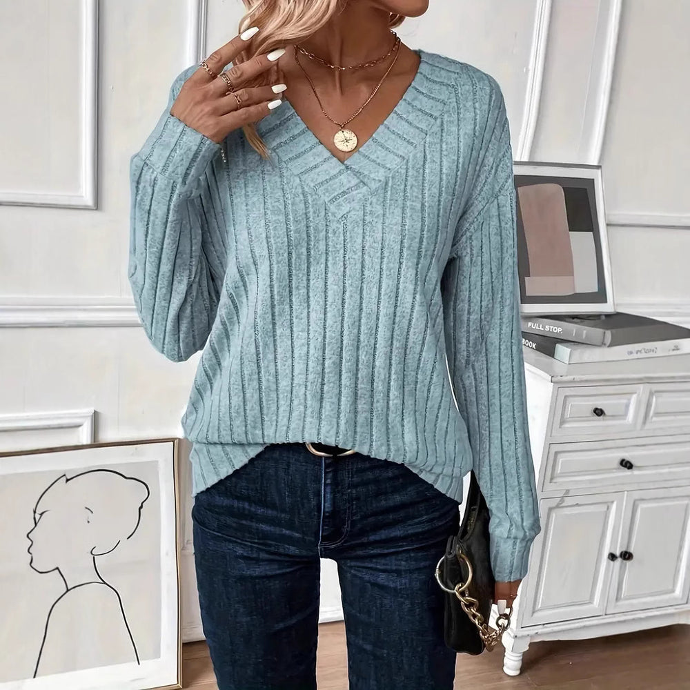 Damen V-Ausschnitt Strickpullover mit Rippenstruktur und lässigem Schnitt Heidi-Mode