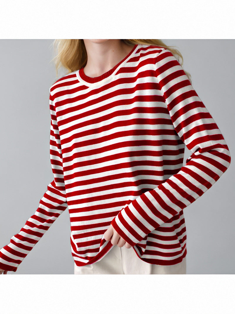 Damen gestreifter Langarmpullover mit Rundhalsausschnitt und lässigem Schnitt Heidi-Mode
