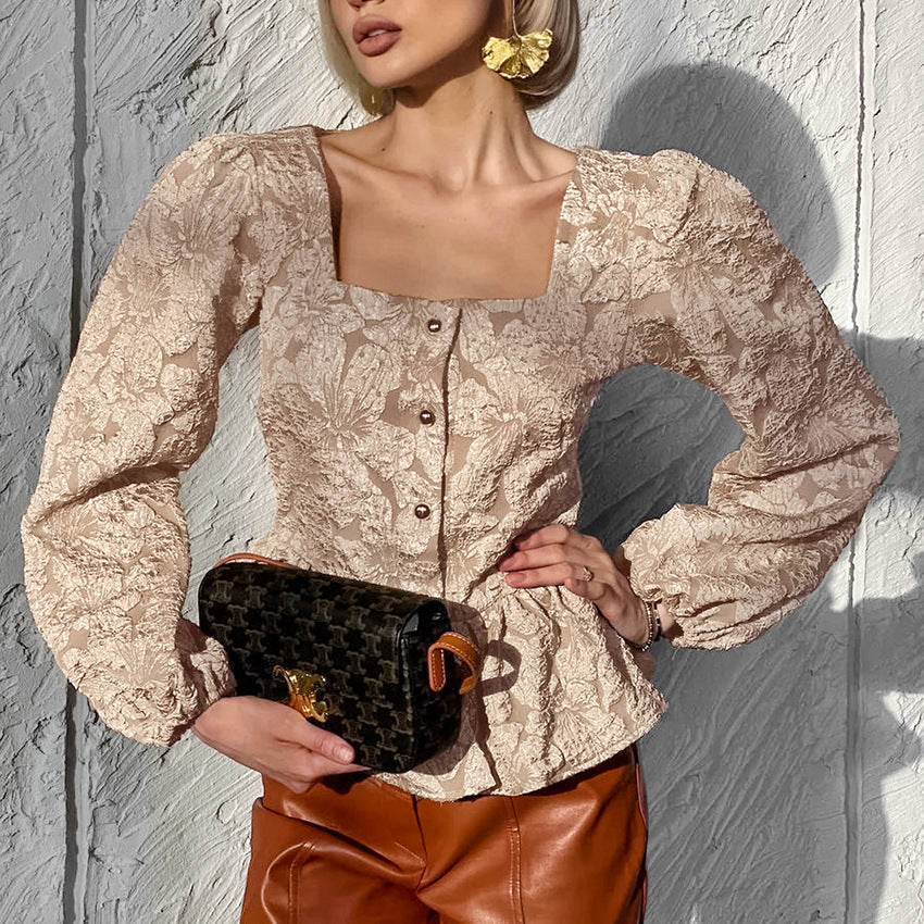 Damen Bluse mit Quadrat-Ausschnitt und strukturiertem Stoff Heidi-Mode