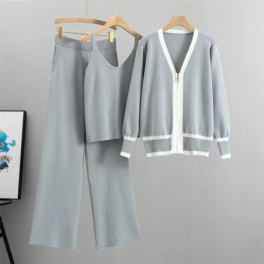 Damen lässiges Strick-Loungewear-Set mit hochwertigem Zip-Cardigan und Weitbein-Hosen Heidi-Mode