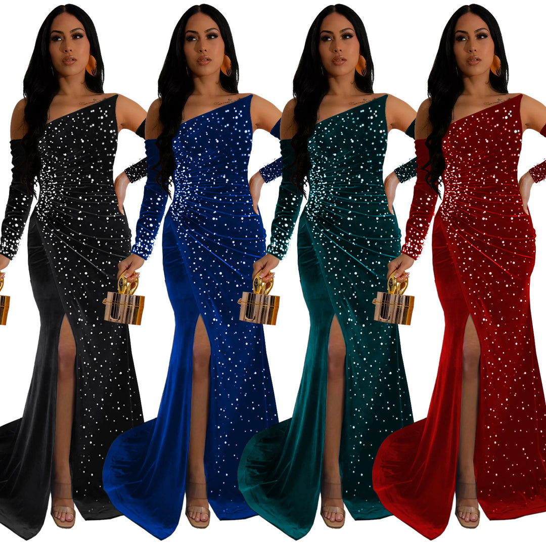 Damen Elegantes schulterfreies Abendkleid mit glitzernden Strassverzierungen und hohem Schlitz Heidi-Mode