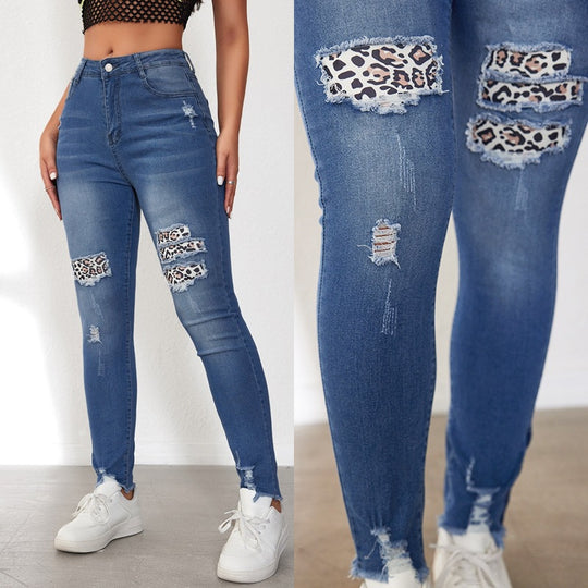 Damen Skinny Jeans mit animalischen Applikationen und Distressed-Effekten Heidi-Mode