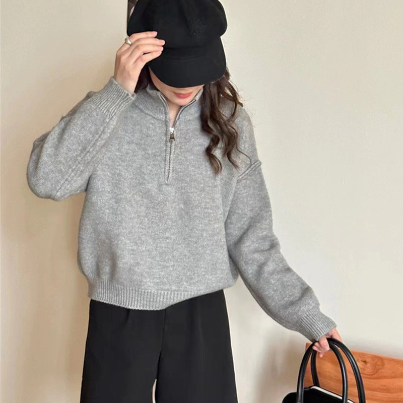 Damen lässiger Pullover mit kurzem Reißverschluss und entspannter Passform Heidi-Mode