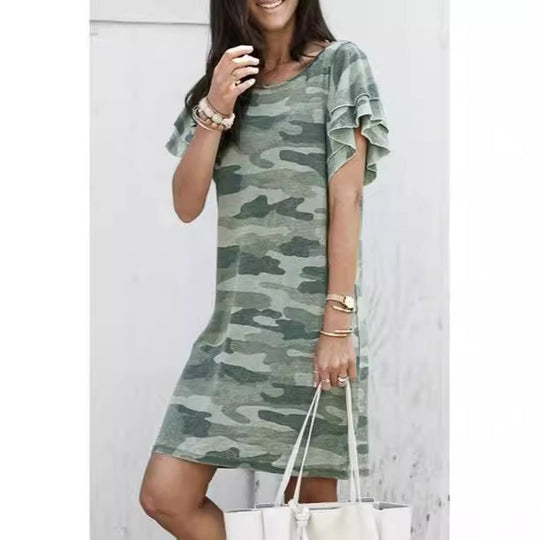 Damen Freizeitkleid mit Rüschendetails und Camouflage-Design Heidi-Mode