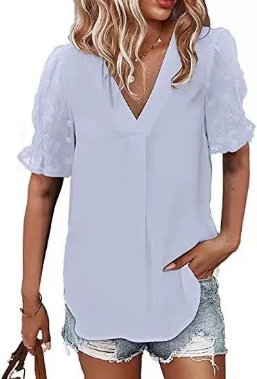 Heidi-Mode | V-Ausschnitt Kurzarm Pom Pom Locker Sitzende Bluse