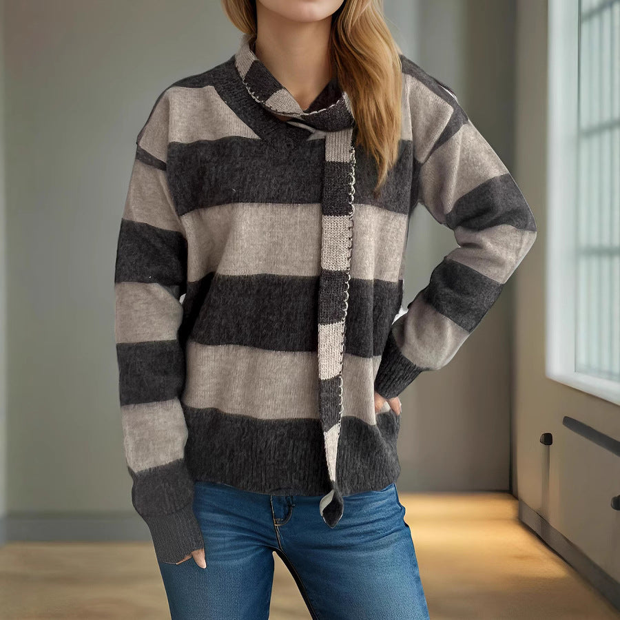 Damen lässiger Strickpullover mit modernem Streifenmuster und dekorativem Schal Heidi-Mode