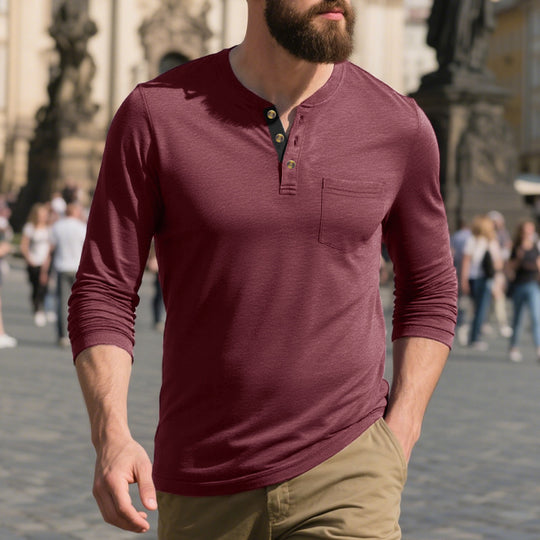 Herren Langarmshirt mit Knopfleiste und Brusttasche Heidi-Mode