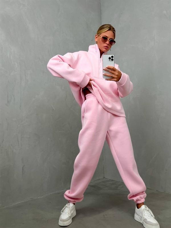 Damen lässiges Fleece-Set mit halbem Reißverschluss und weitem Schnitt Heidi-Mode