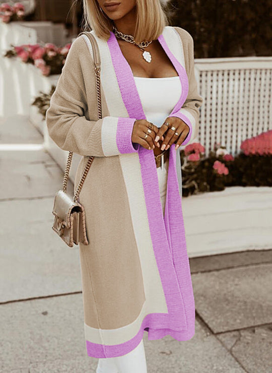 Damen lange Strickjacke mit Farbblockdesign und offenen Front Heidi-Mode
