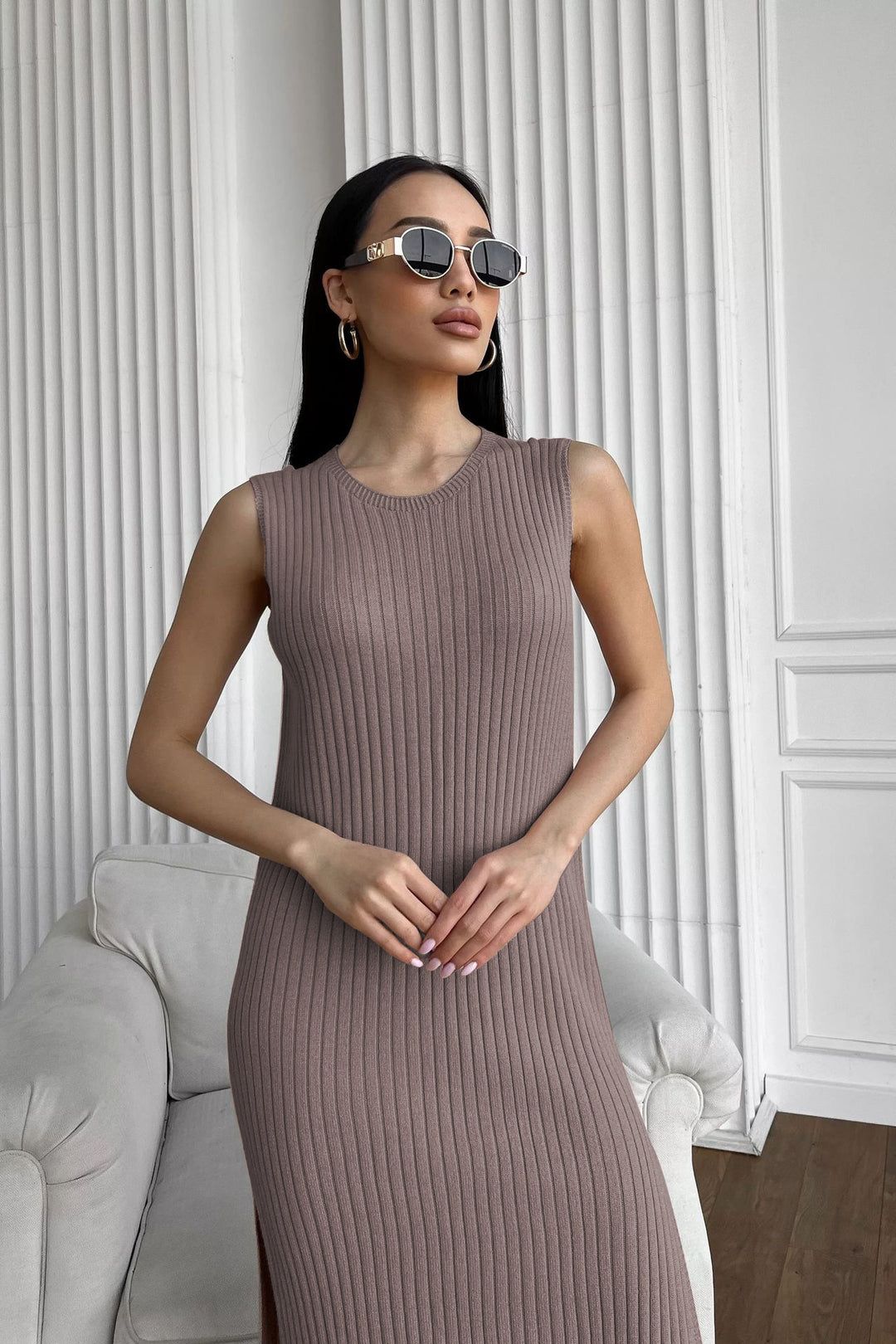 Damen Rippstrick-Midi-Kleid mit Stehkragen Heidi-Mode