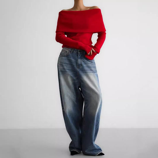 Damen Elegantes Off-Shoulder Oberteil mit geschmeidiger Textur und ausgestellten Ärmeln Heidi-Mode