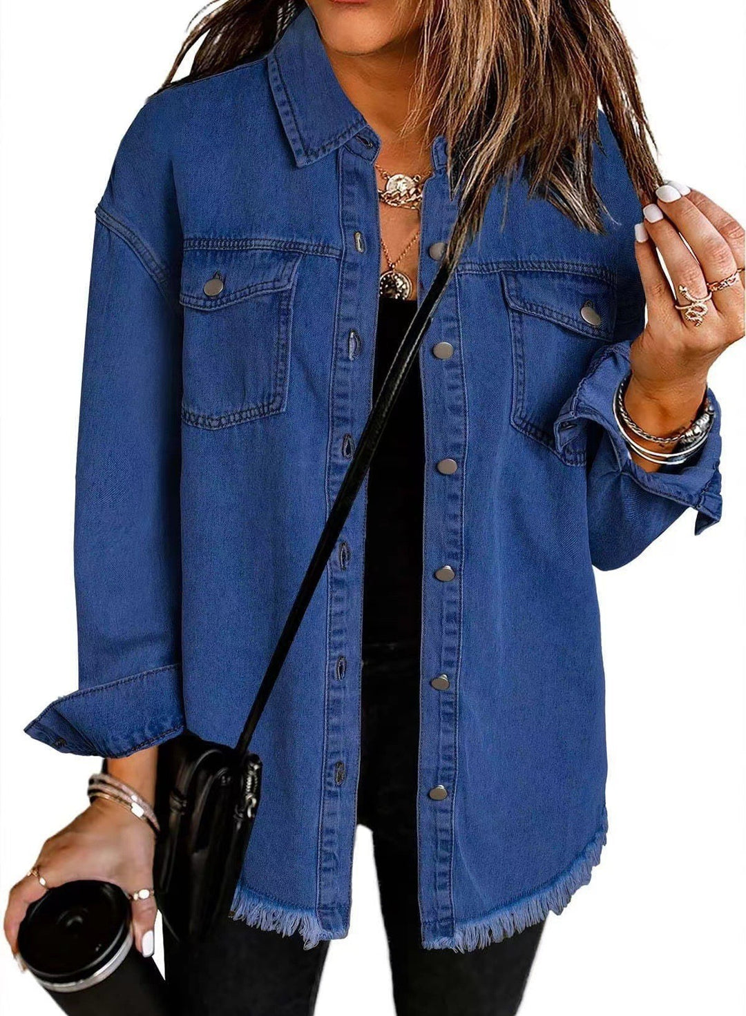 Damen Denim Overshirt mit fransigem Saum und Brusttaschen Heidi-Mode