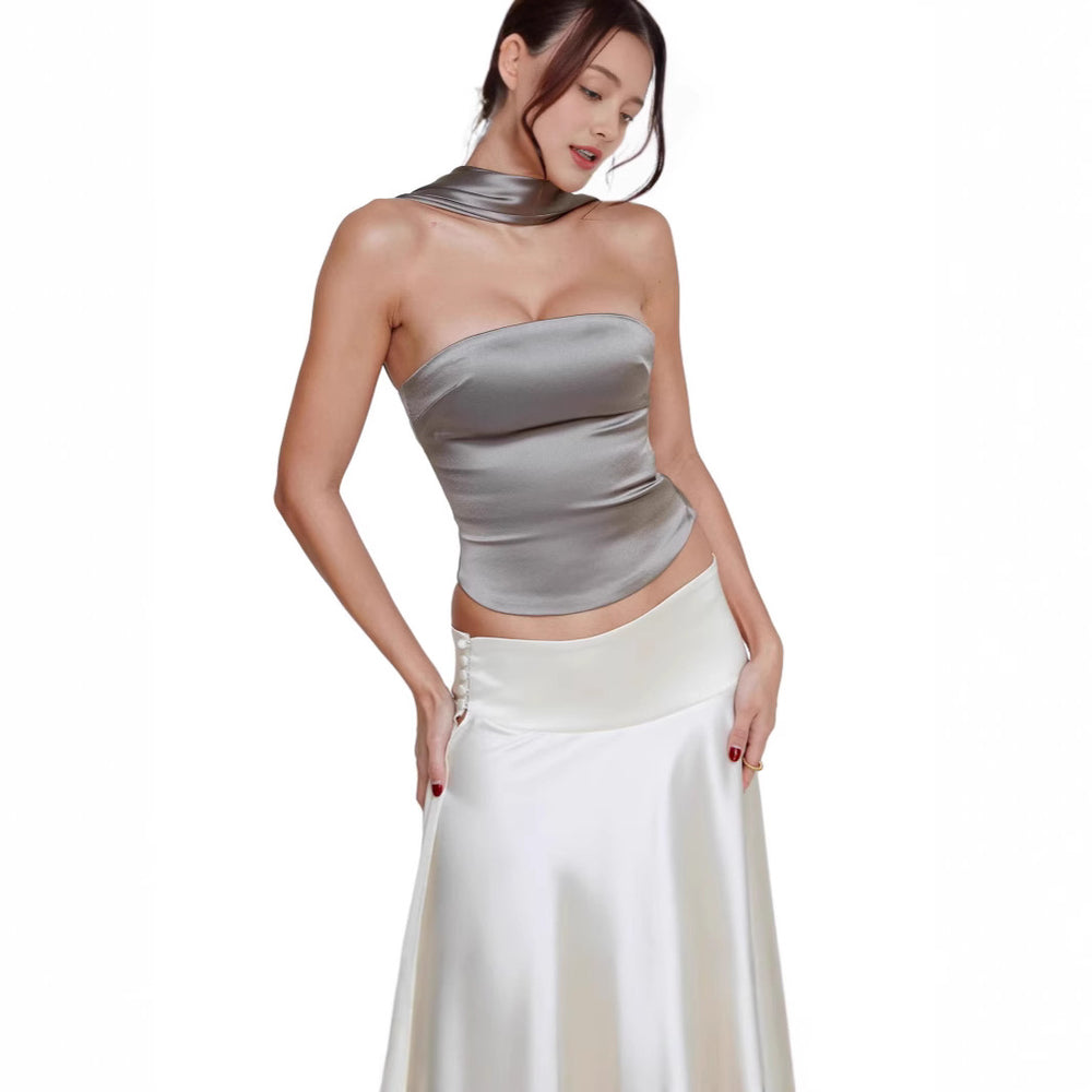 Femme Elegantes Trägerloses Satin-Oberteil mit Choker Heidi-Mode