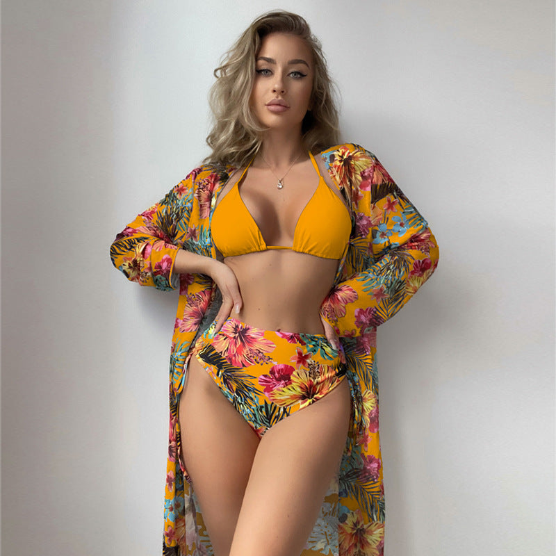 Damen Bikini-Set mit floralem Kimono und hoch taillierten Shorts Heidi-Mode