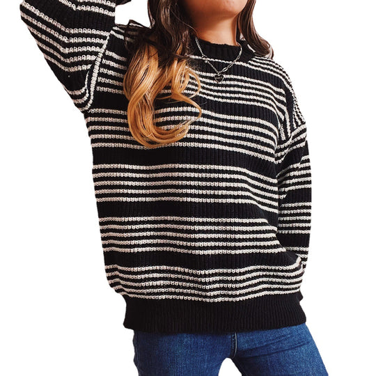 Damen lässiger Strickpullover mit breiten Streifen und überschnittenen Schultern Heidi-Mode