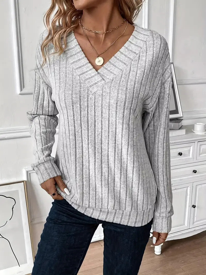 Damen V-Ausschnitt Strickpullover mit Rippenstruktur und lässigem Schnitt Heidi-Mode