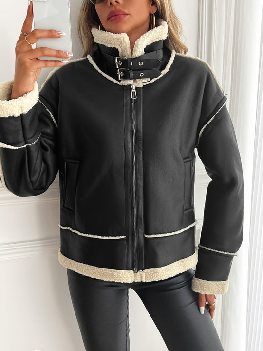 Damen stylische Kunstlederjacke mit Schaffellkragen Heidi-Mode