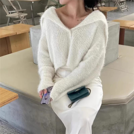 Damen lässiger Pullover mit tiefem V-Ausschnitt und strukturiertem Maschenmuster Heidi-Mode