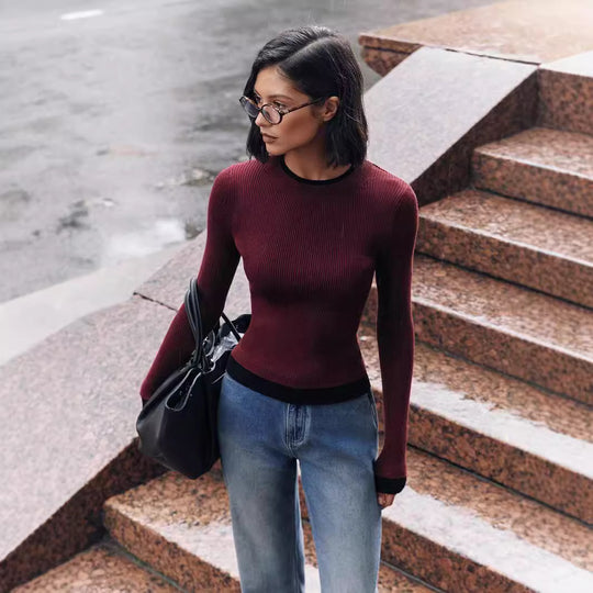Damen figurbetontes Strickoberteil mit kontrastierenden Bündchen Heidi-Mode