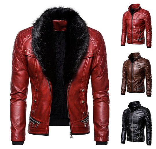 Herren gesteppte Kunstleder Motorradjacke mit Plüschkragen Heidi-Mode