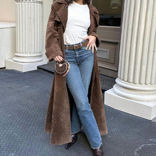 Damen Eleganter Wildleder-Trenchcoat mit tailliertem Schnitt und abnehmbaren Gürtel Heidi-Mode