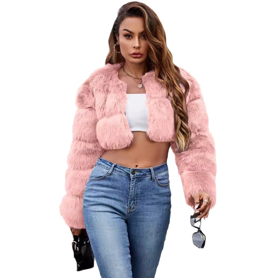 Damen Flauschige Kurzmantel aus Kunstfell mit puffartigen Ärmeln Heidi-Mode