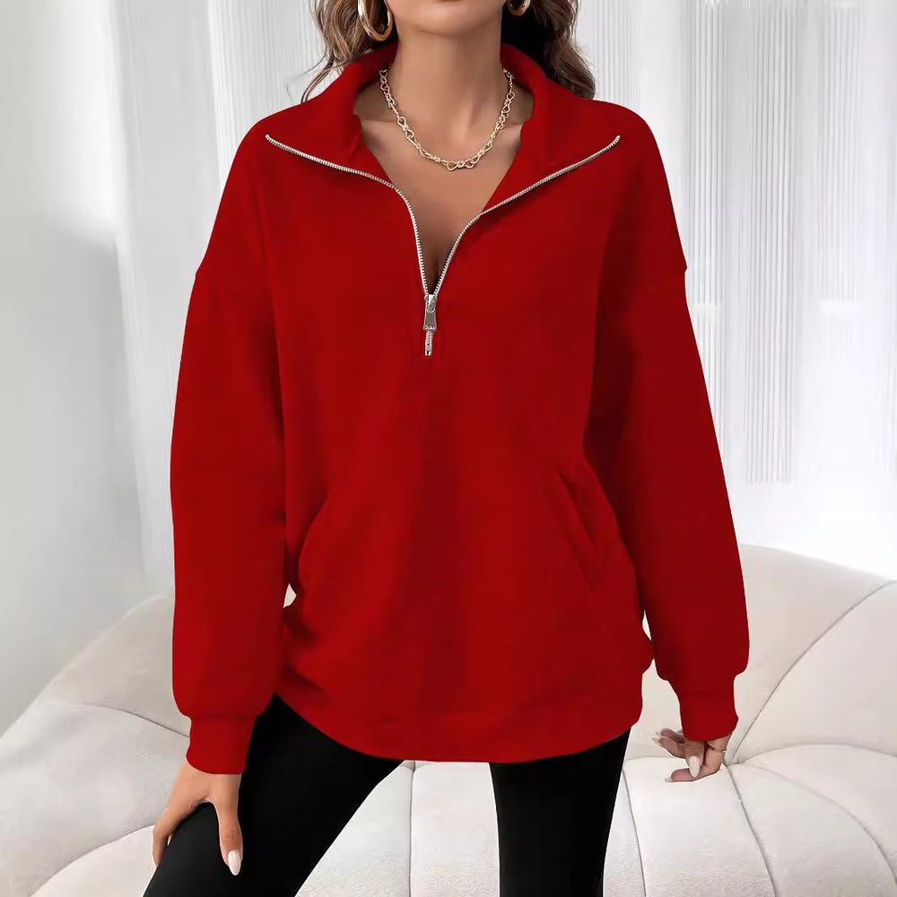 Damen Freizeitlicher Pullover mit kurzem Reißverschluss und Kängurutasche Heidi-Mode