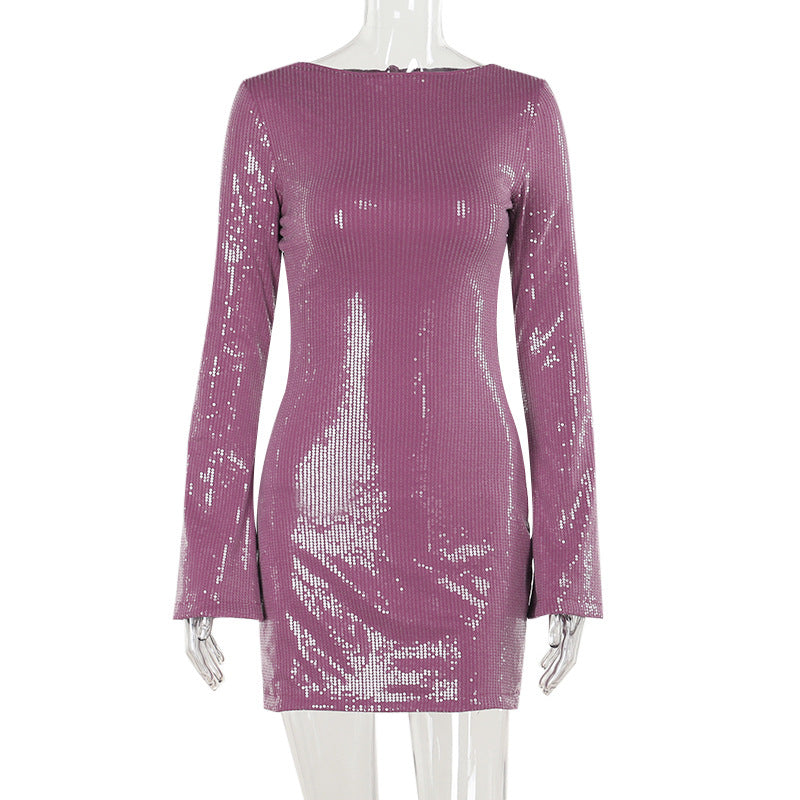 Heidi-Mode | Sexy Slim-Fit Pailletten Rückenfreies Langarm Kurzes Kleid