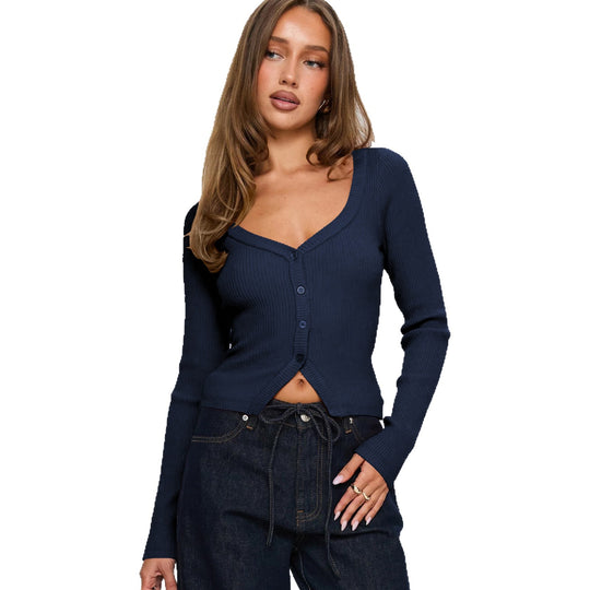 Damen Elegantes Ripp-Cardigan mit V-Ausschnitt und Knopfleiste Heidi-Mode