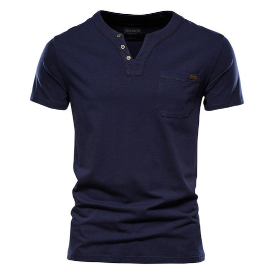 Herren V-Ausschnitt T-Shirt mit Druckknöpfen und Brusttasche Heidi-Mode