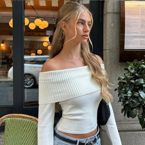 Damen Off-Shoulder Oberteil mit rippierter Struktur und figurbetonter Passform Heidi-Mode