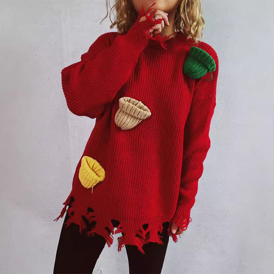 Damen lässiger Oversize-Pullover mit fransigen Details und bunten Applikationen Heidi-Mode